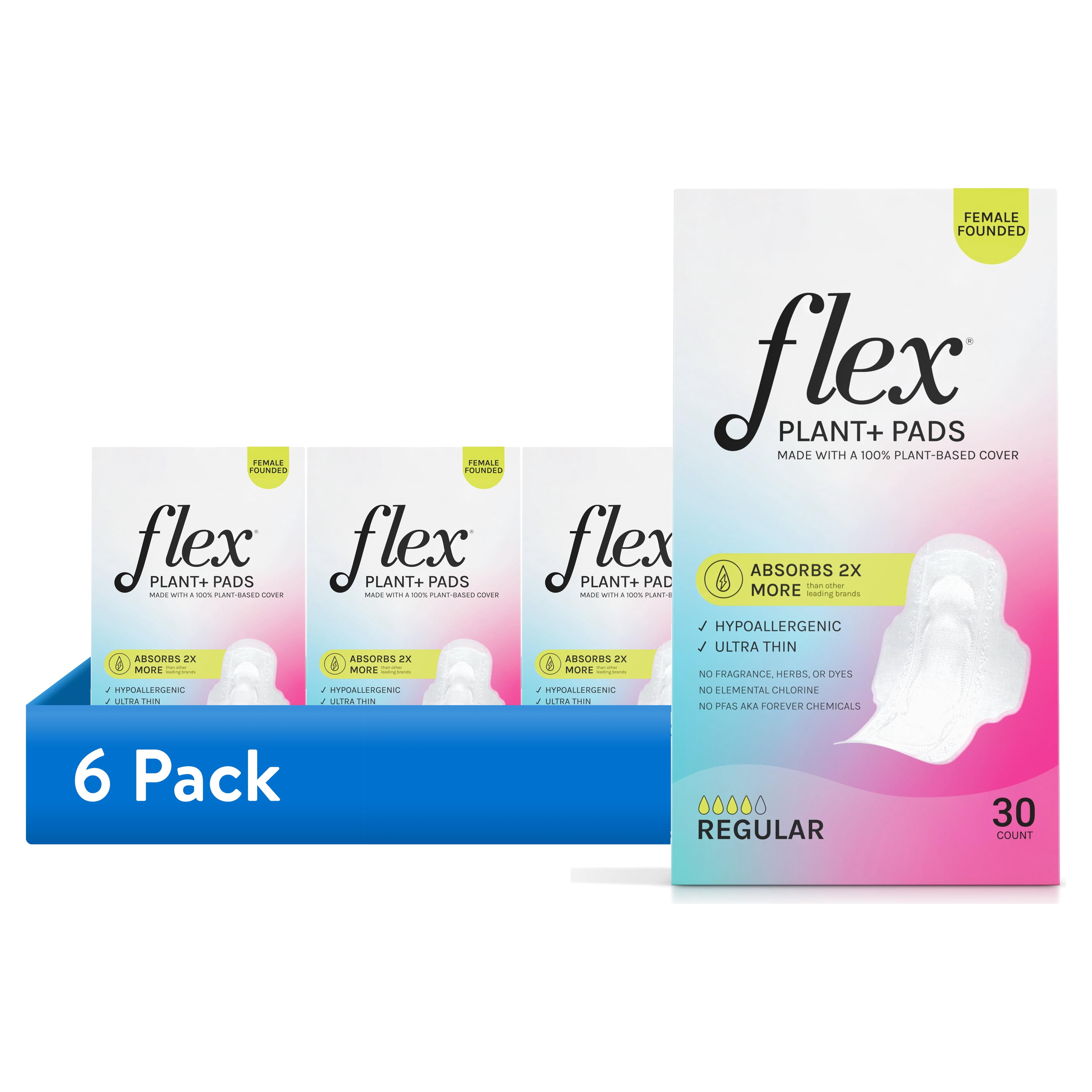 (6 pack) Flex Plant+ Pads with Wings, Regular, Heavy Absorbency, Ultra Thin, Unscented, 30 Count, Hypoallergenic