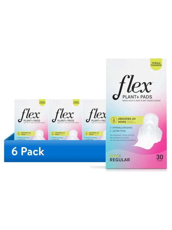 (6 pack) Flex Plant+ Pads with Wings, Regular, Heavy Absorbency, Ultra Thin, Unscented, 30 Count, Hypoallergenic