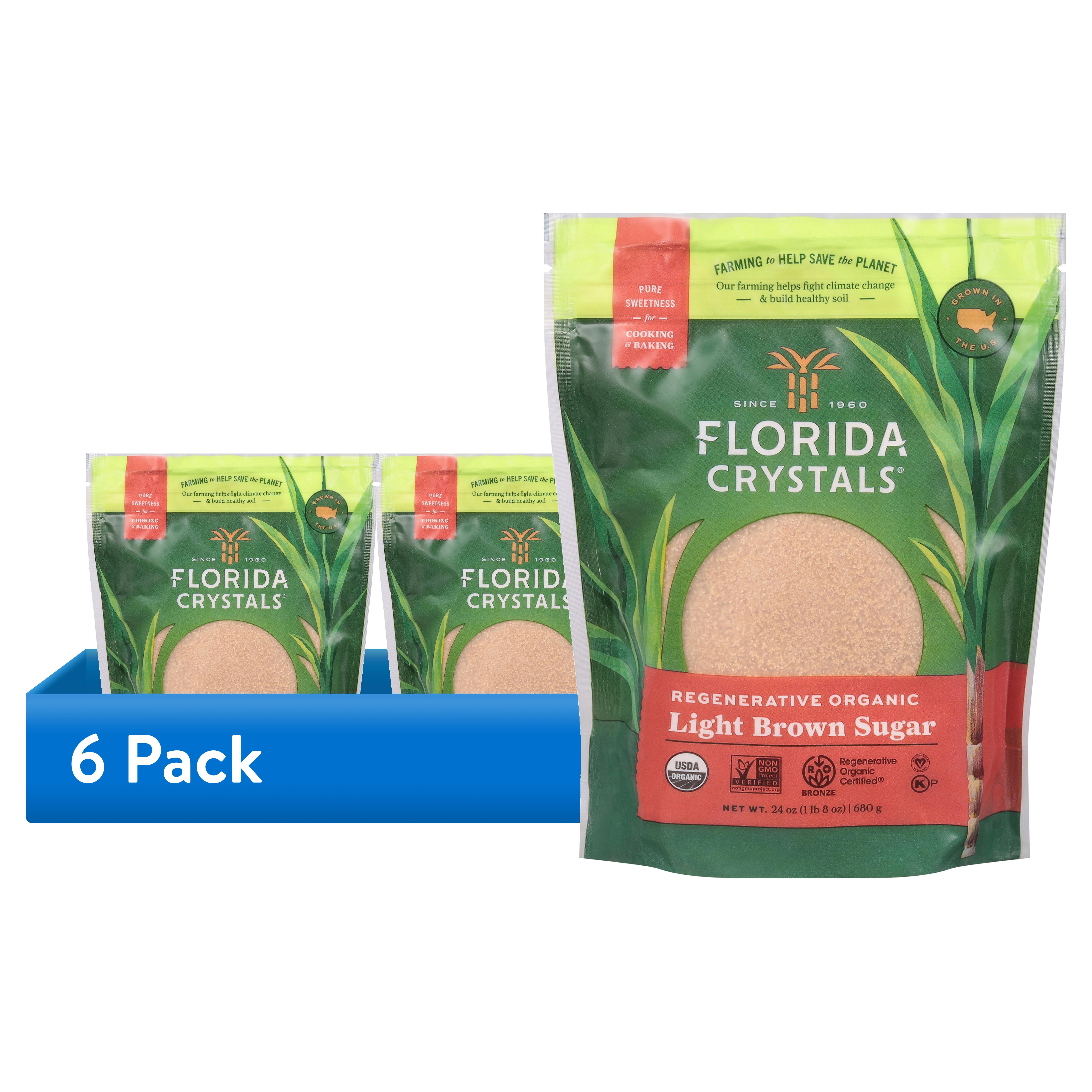 (6 pack) Florida Crystals Regenerative Organic Light Brown Sugar, 24 oz Pouch