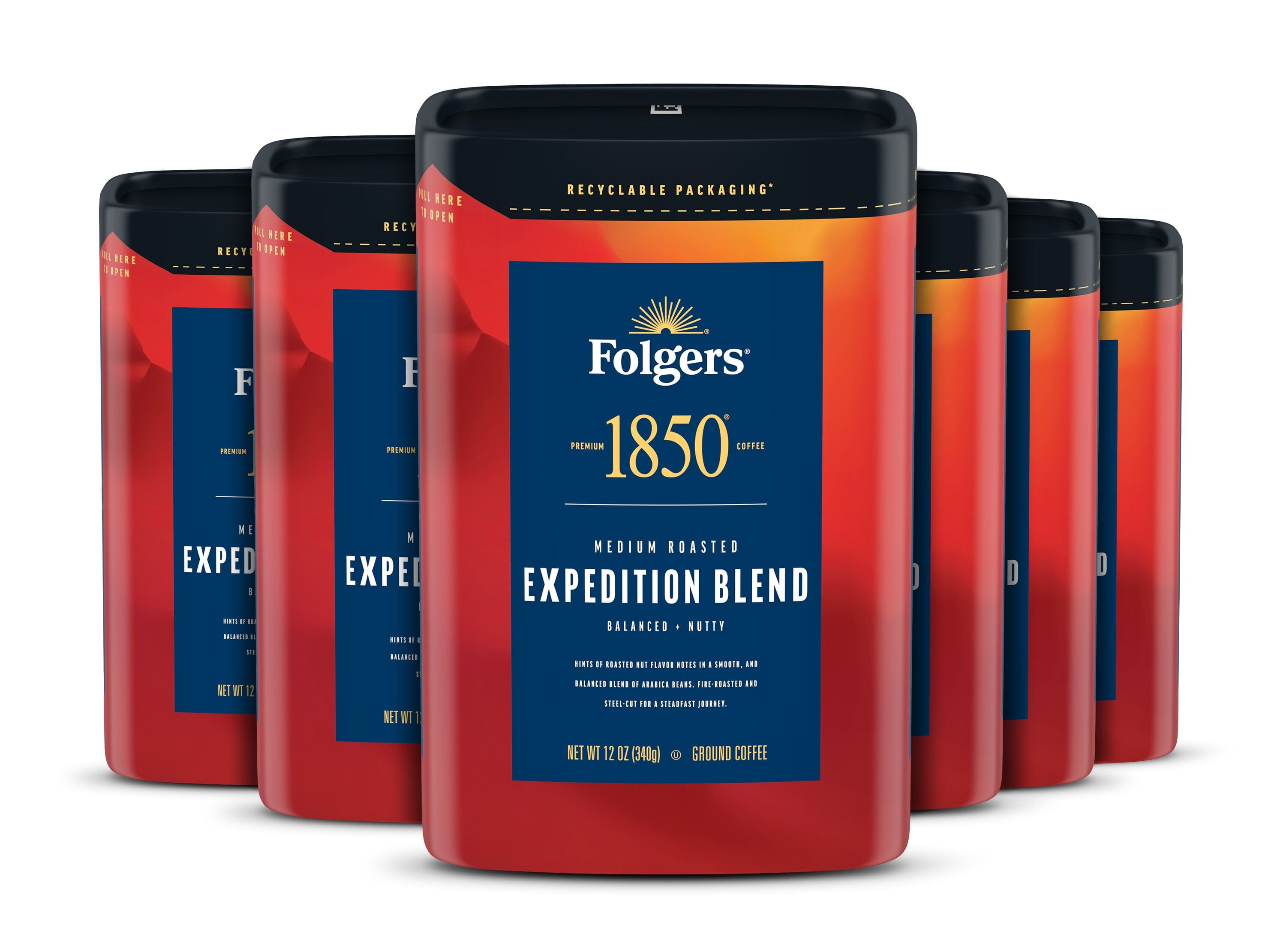 (6 pack) Folgers 1850 Expedition Blend Medium Roast Coffee, 12 oz Recyclable Canister