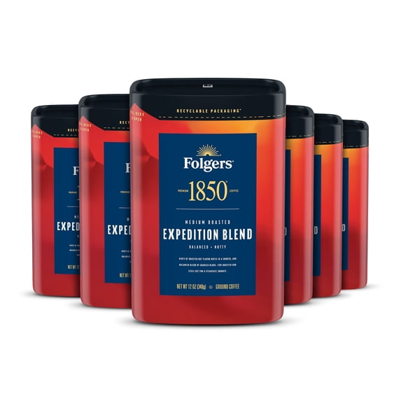 (6 pack) Folgers 1850 Expedition Blend Medium Roast Coffee, 12 oz Recyclable Canister