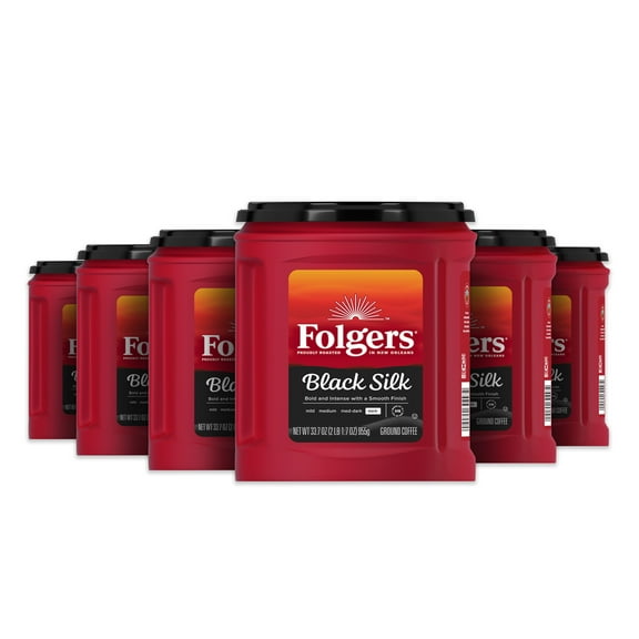 (6 pack) Folgers Black Silk Ground Coffee, Smooth Dark Roast Coffee, 33.7oz Canister