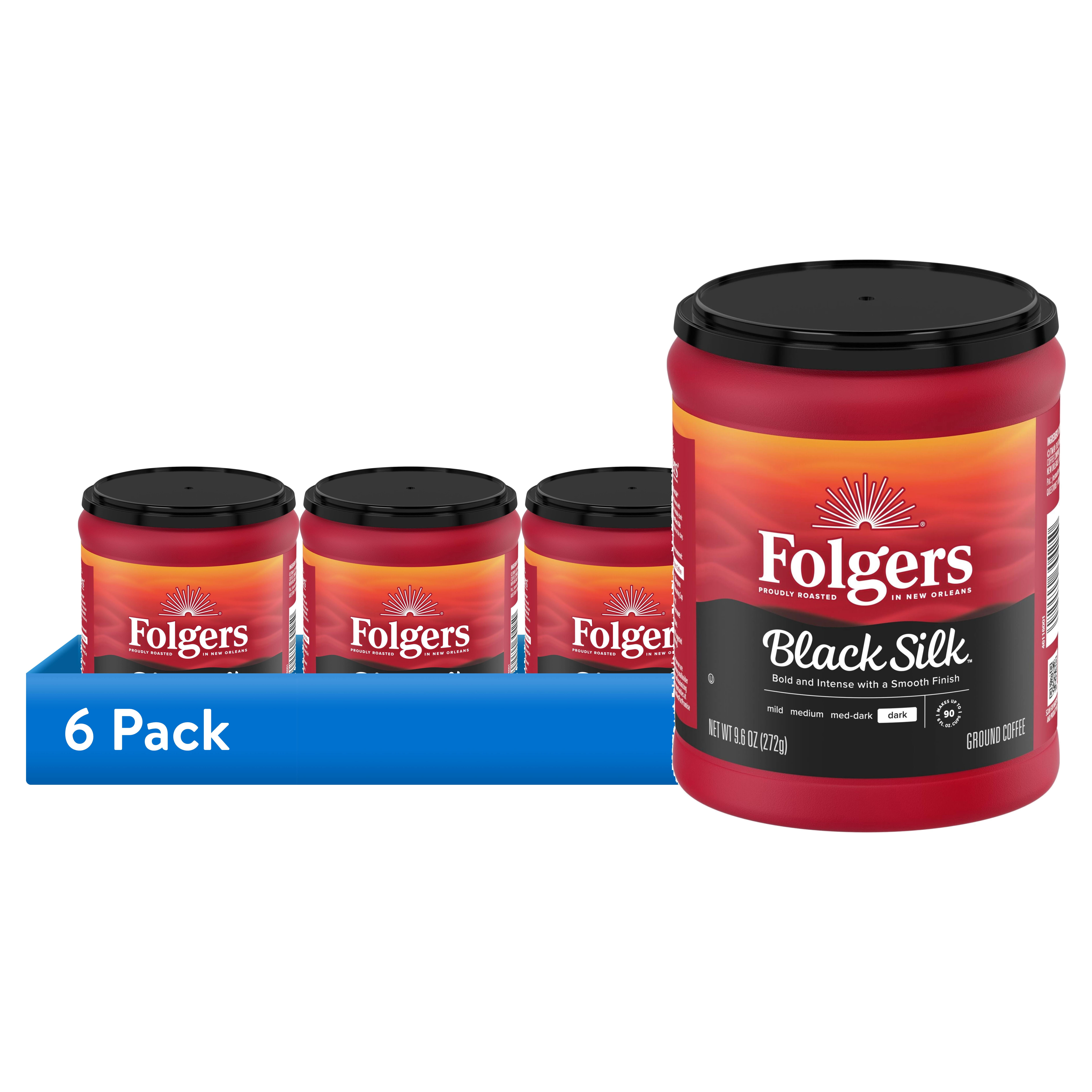 (6 pack) Folgers Black Silk Ground Coffee, Smooth Dark Roast Coffee, 9.6 oz Canister