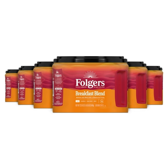 (6 pack) Folgers Breakfast Blend Ground Coffee, Mild Roast, 22.6 oz Canister