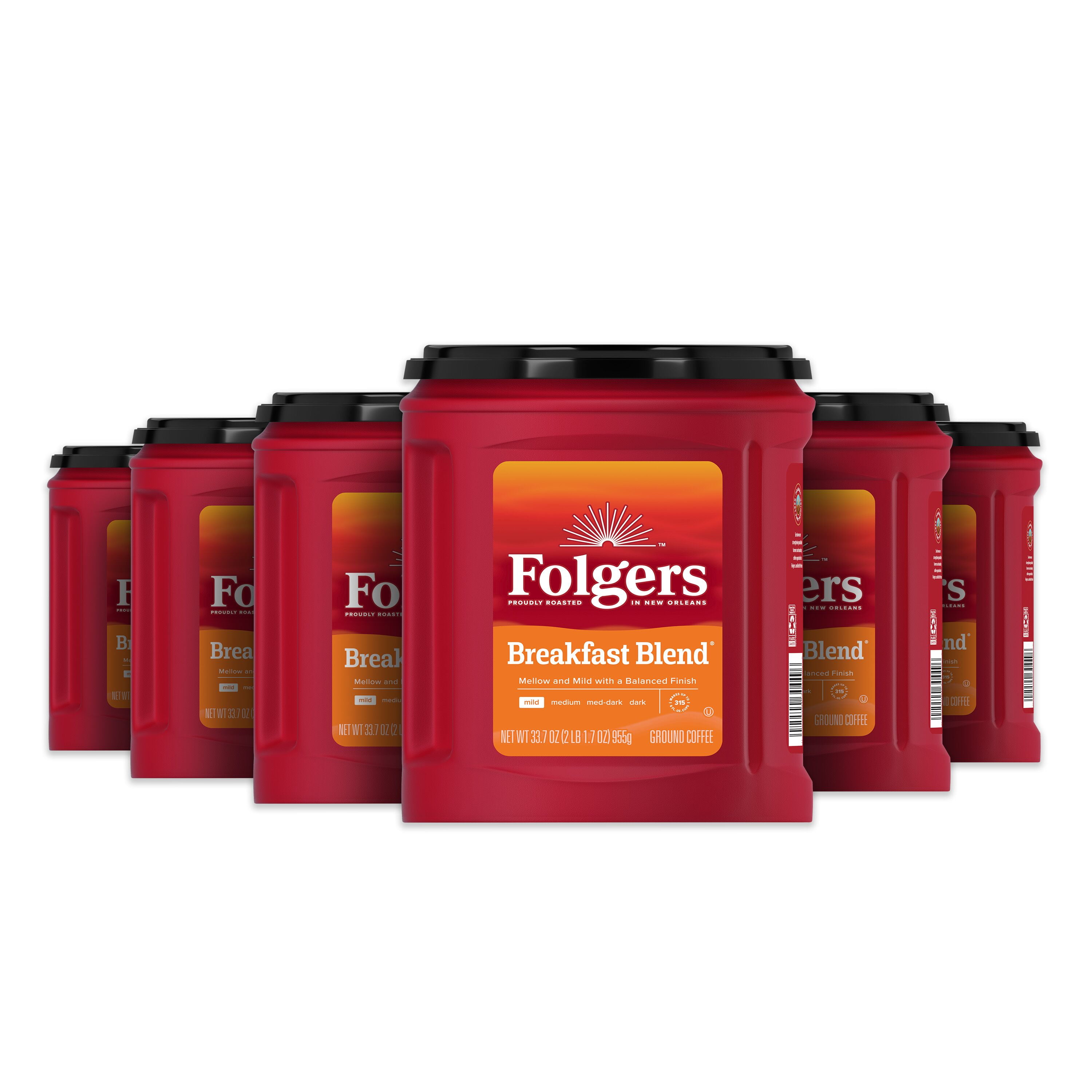 (6 pack) Folgers Breakfast Blend Ground Coffee, Smooth & Mild Coffee, 33.7 oz Canister