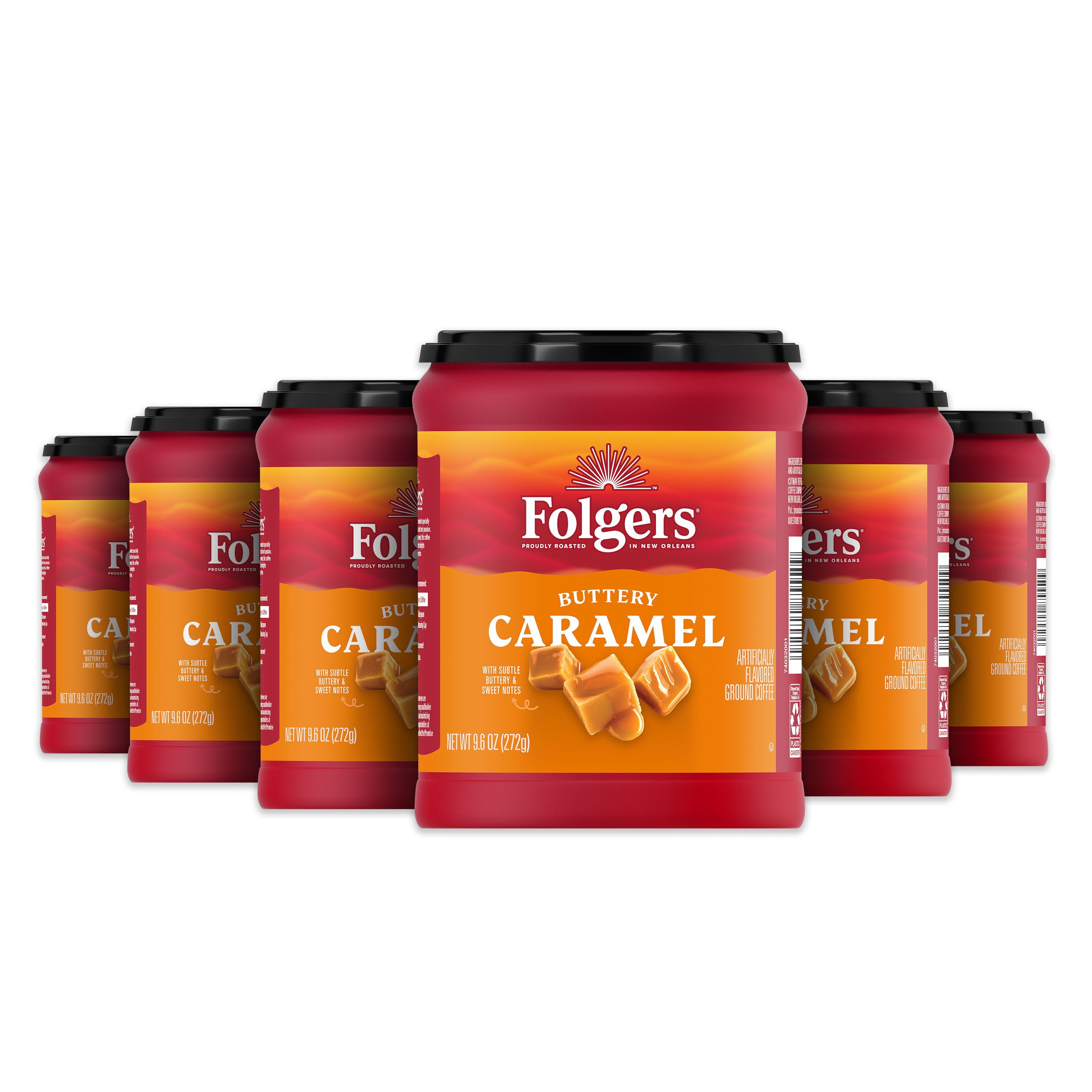 (6 pack) Folgers Buttery Caramel Artificially Flavored Ground Coffee, Medium Roast, 9.6 oz Canister