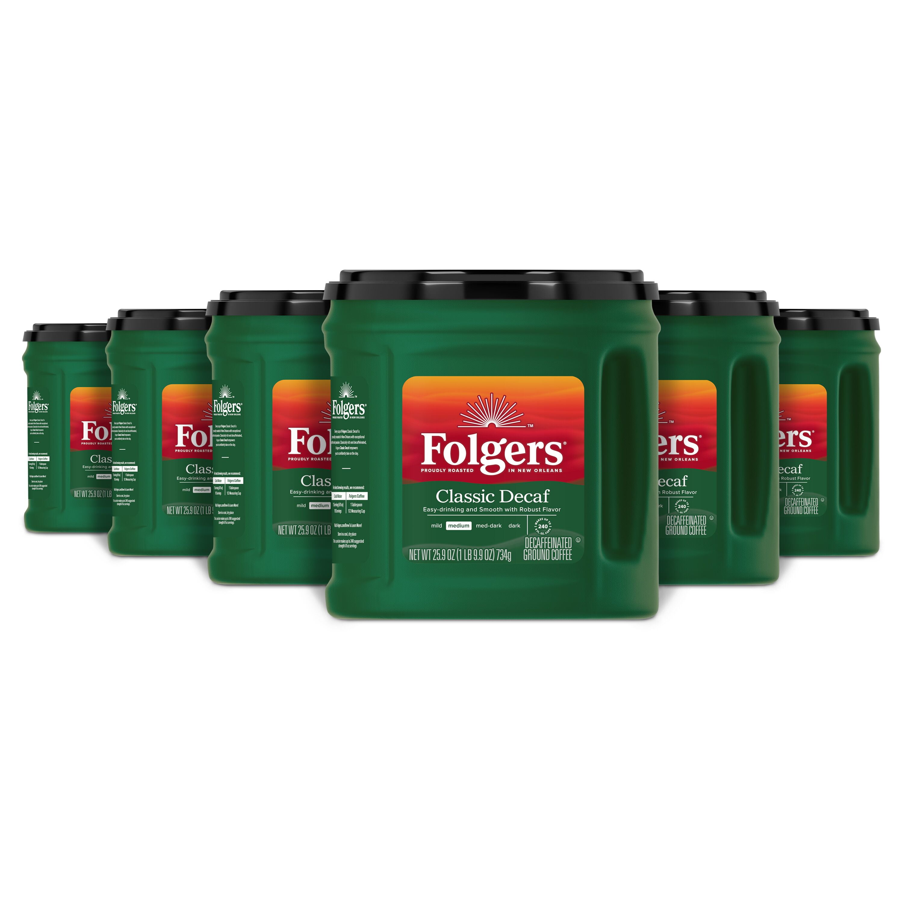 (6 pack) Folgers Classic Decaf Ground Coffee, Medium Roast, 25.9 oz Canister