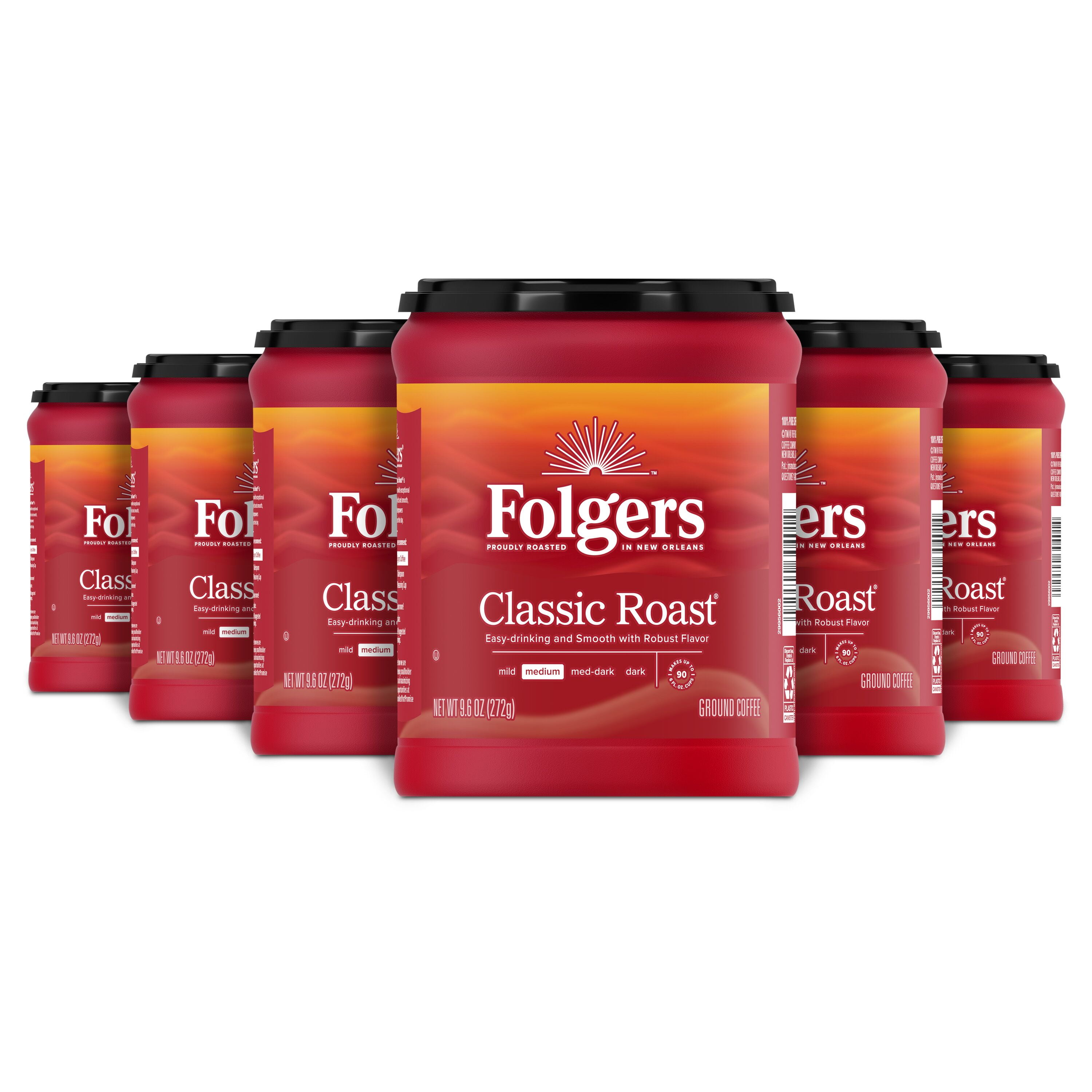 (6 pack) Folgers Classic Roast Ground Coffee, Medium Roast, 9.6 oz Canister