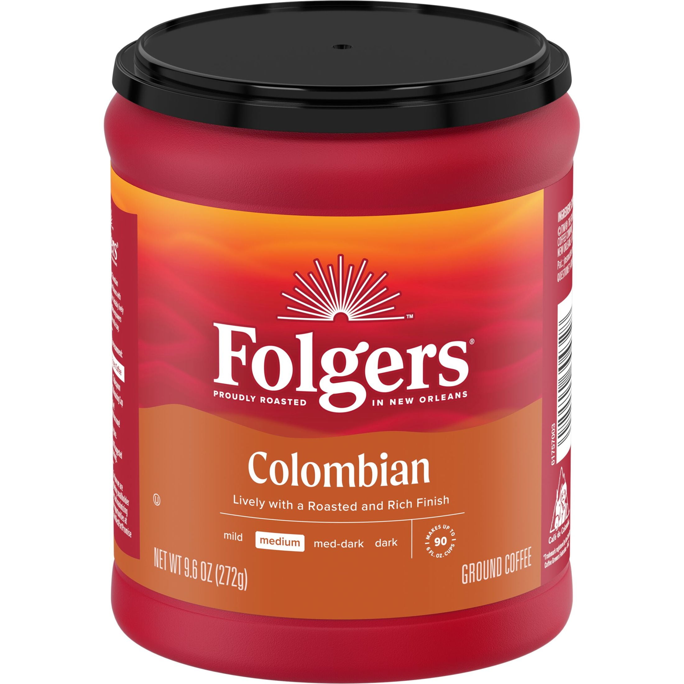 (6 pack) Folgers Colombian Ground Coffee, Medium Roast, 9.6 oz Canister