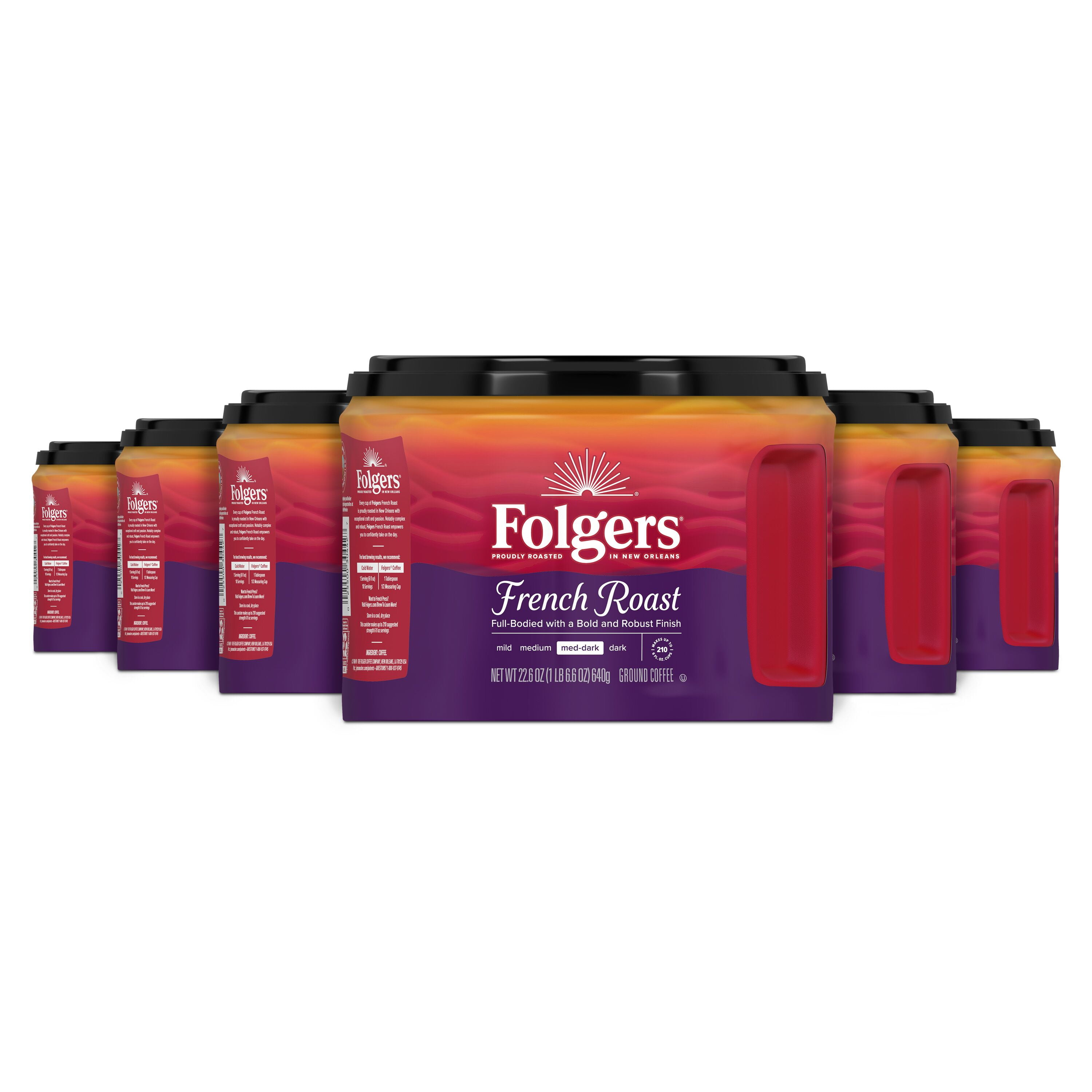 (6 pack) Folgers French Roast Ground Coffee, Medium Dark Roast, 22.6 oz Canister
