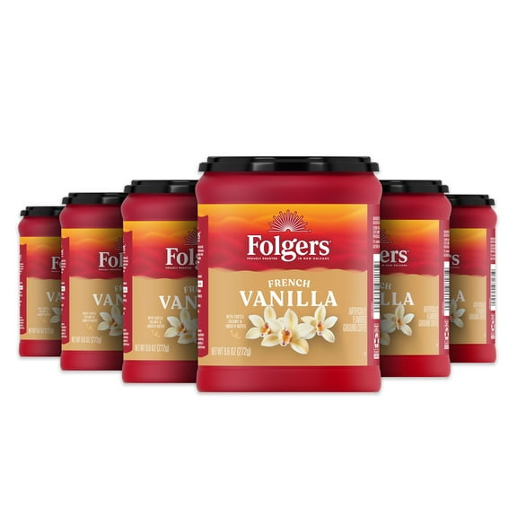 (6 pack) Folgers French Vanilla Artificially Flavored Ground Coffee, Medium Roast, 9.6 oz Canister