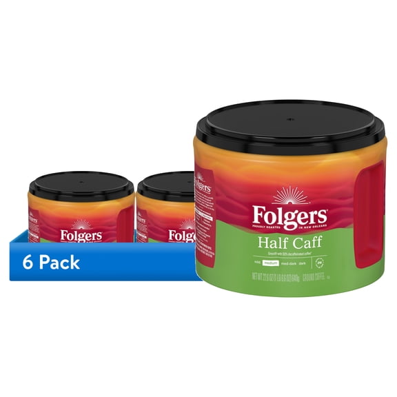 (6 pack) Folgers Half Caff Medium Roast Coffee, 22.6 oz Canister