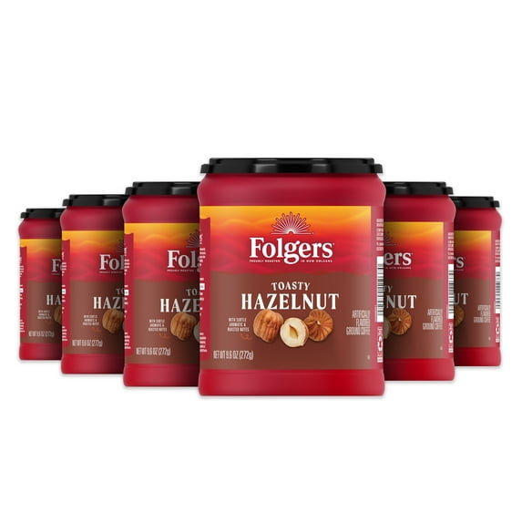 (6 pack) Folgers Toasty Hazelnut Artificially Flavored Ground Coffee, 9.6 oz Canister