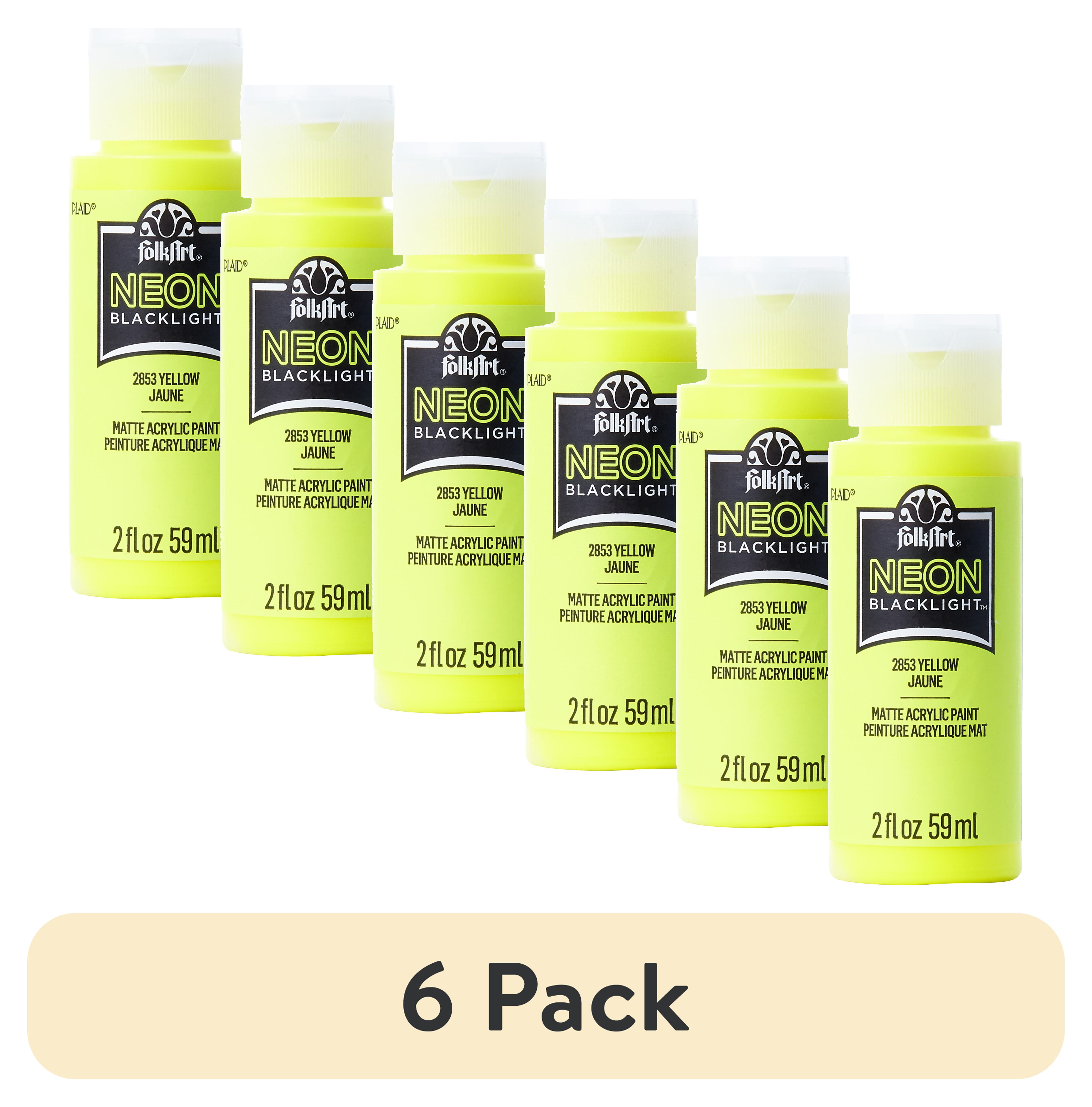 (6 pack) FolkArt Neon Blacklight Acrylic Craft Paint, Matte Finish, Yellow, 2 fl oz