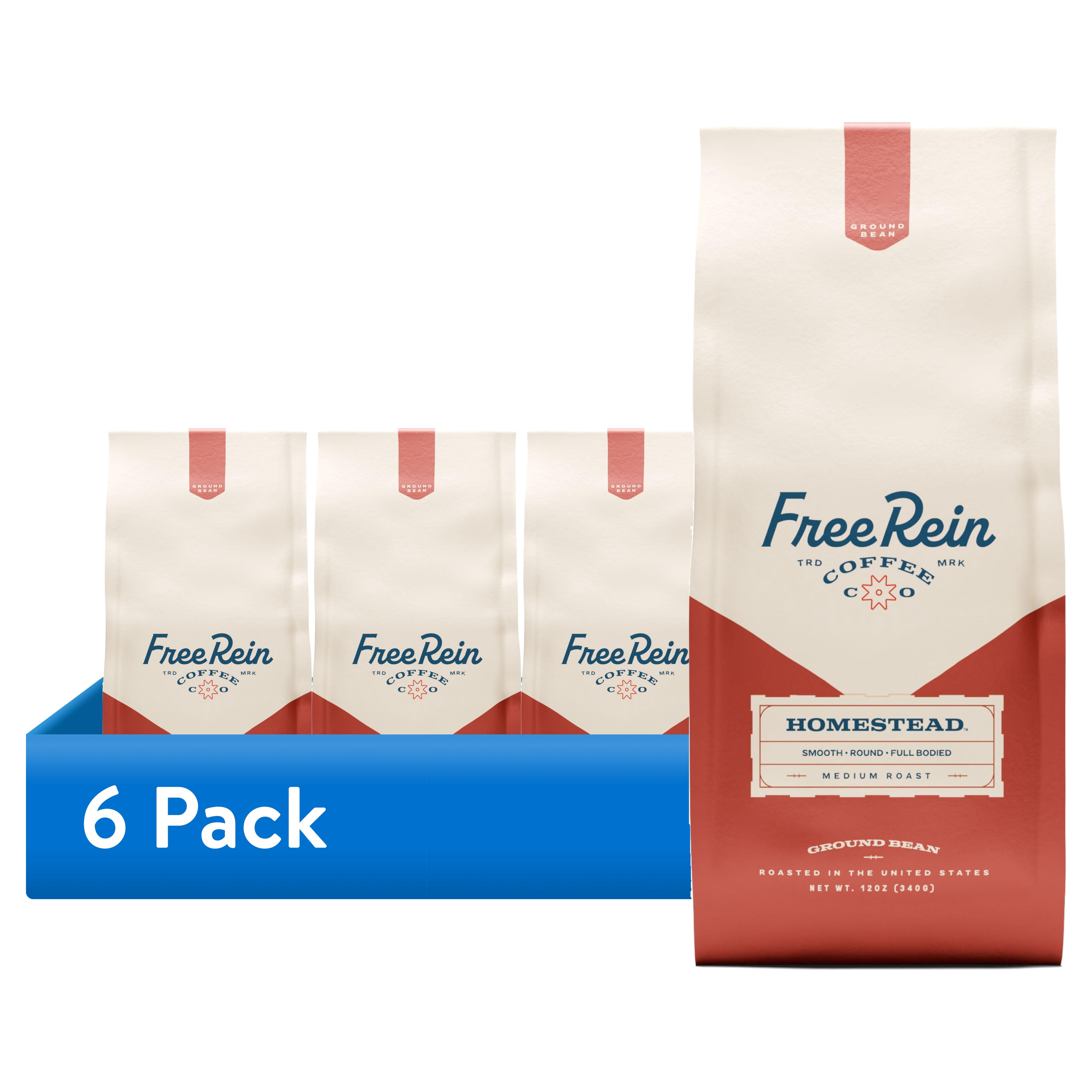 (6 pack) Free Rein Coffee Company, Homestead Medium Roast Ground Coffee, 12oz Bag