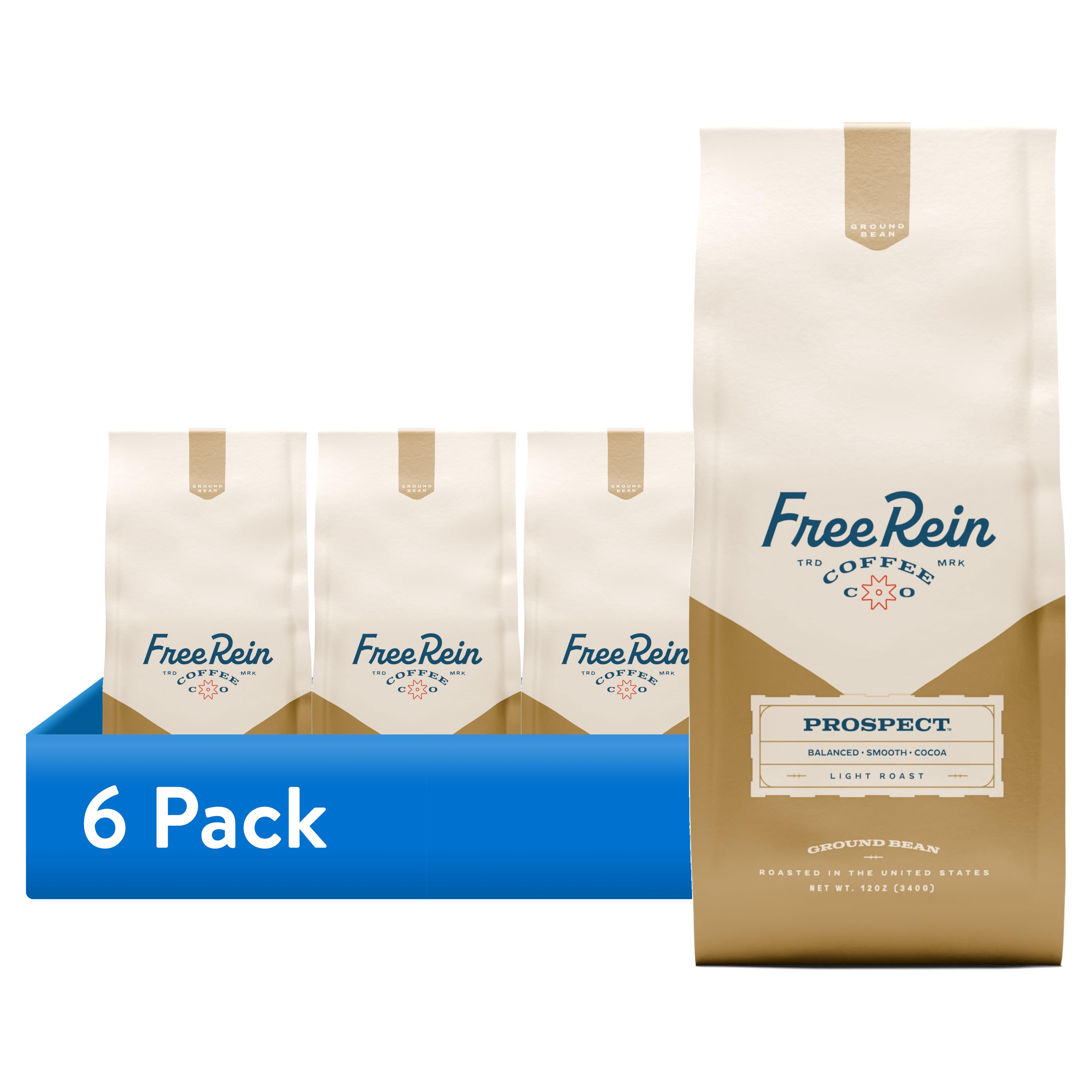 (6 pack) Free Rein Coffee Company, Prospect Light Roast Ground Coffee - Smooth and Crisp Coffee, Roasted in America, 12oz Bag