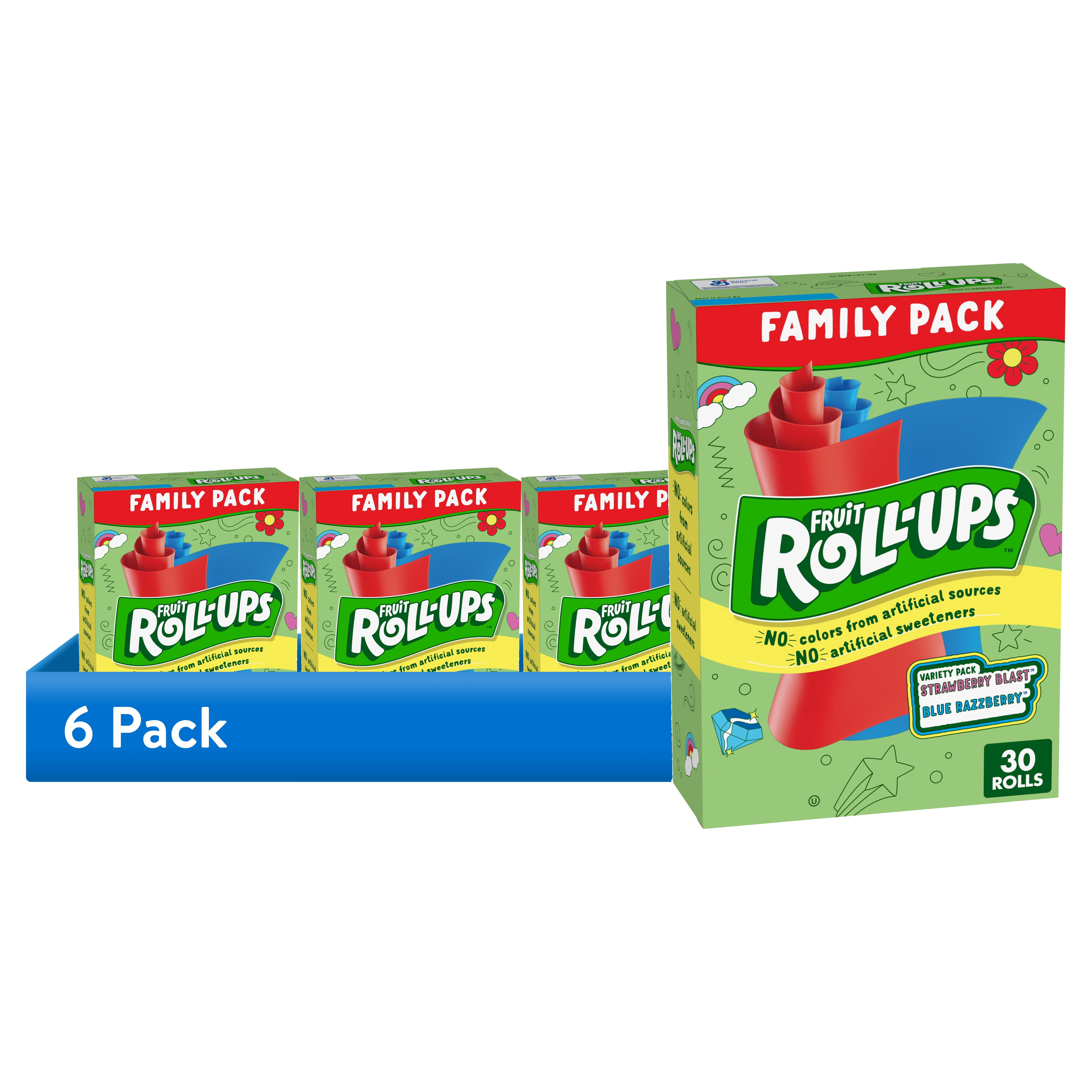 (6 pack) Fruit Roll-Ups Gluten Free Fruit Flavored Snacks, Strawberry Blast, Blue Razzberry (30 Count)