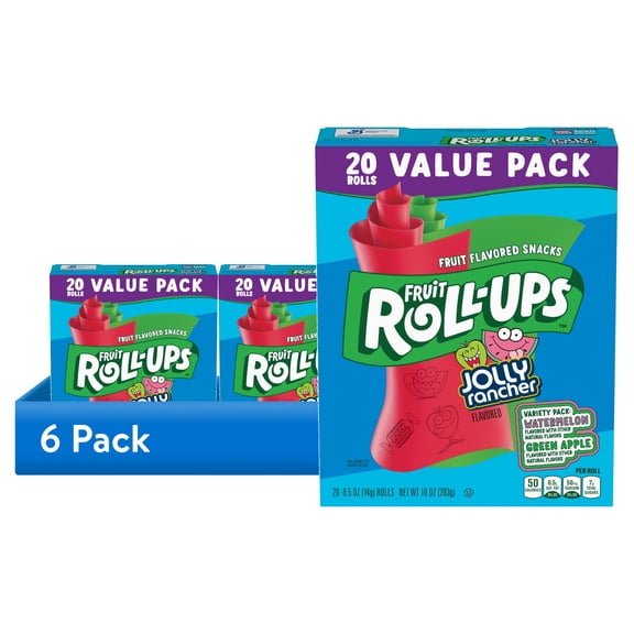(6 pack) Fruit Roll-Ups Fruit Flavored Snacks, Jolly Rancher, Variety Pack, 20 ct