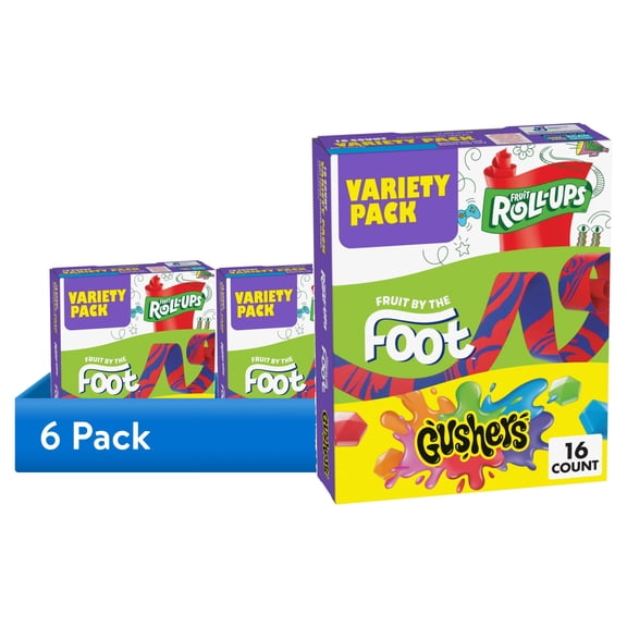 (6 pack) Fruit Roll-Ups, Fruit by the Foot, Gushers, Snacks Variety Pack, 16 Ct, 10.2 oz