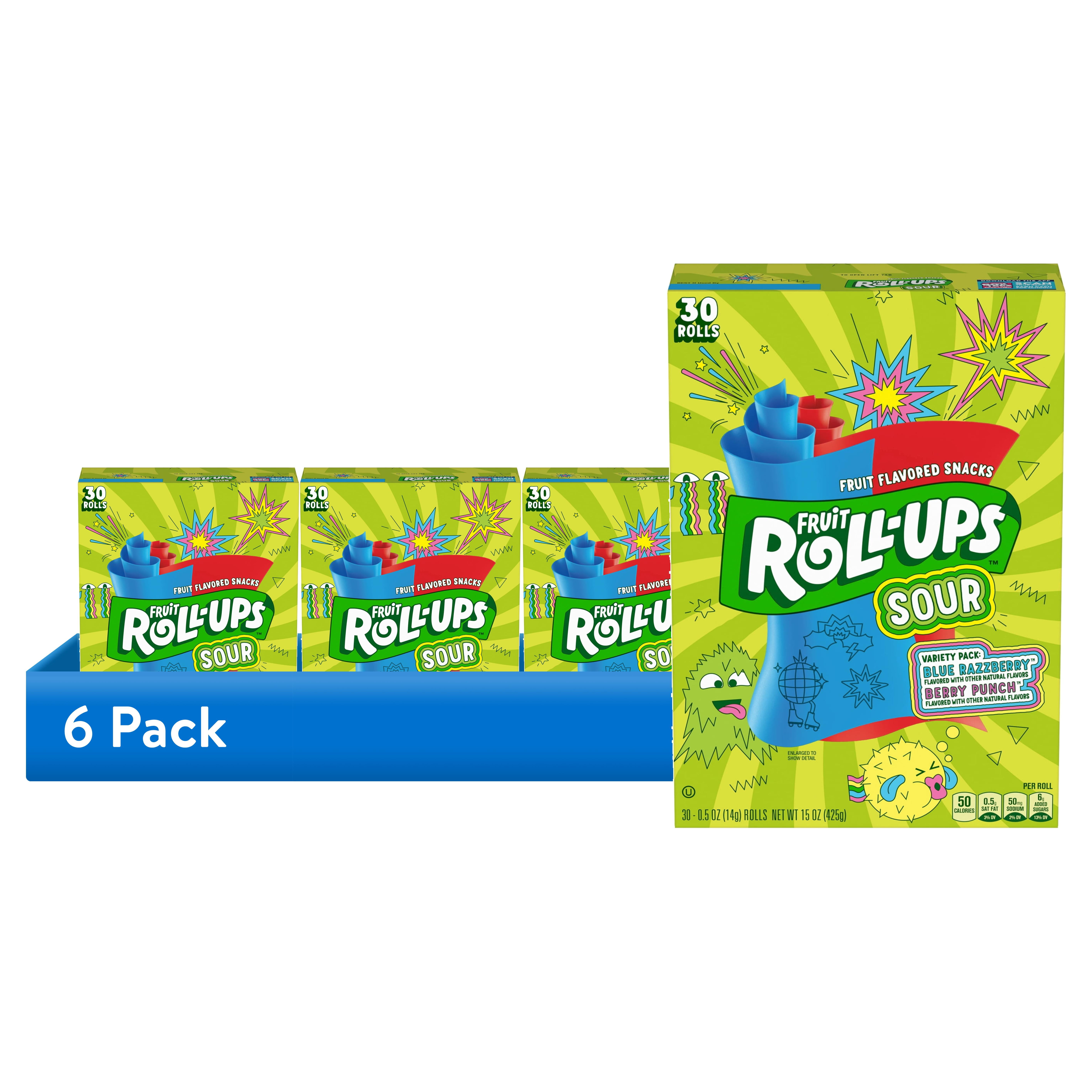 (6 pack) Fruit Roll-Ups Sour Fruit Flavored Snacks, Variety Pack, 15 oz (30 Count)