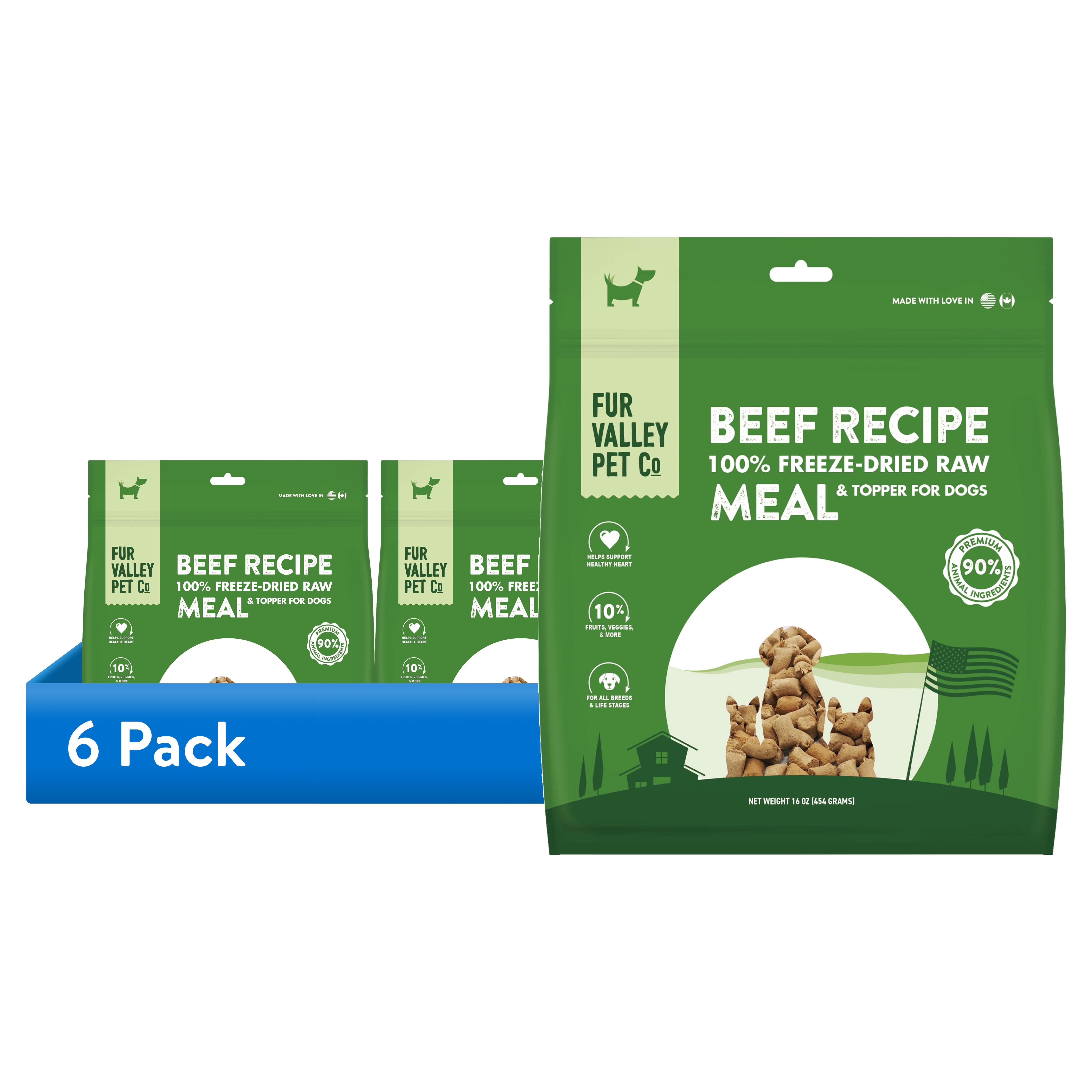 (6 pack) Fur Valley Pet Co. Freeze Dried Beef Recipe Dog Food and Topper, 16 oz. Bag