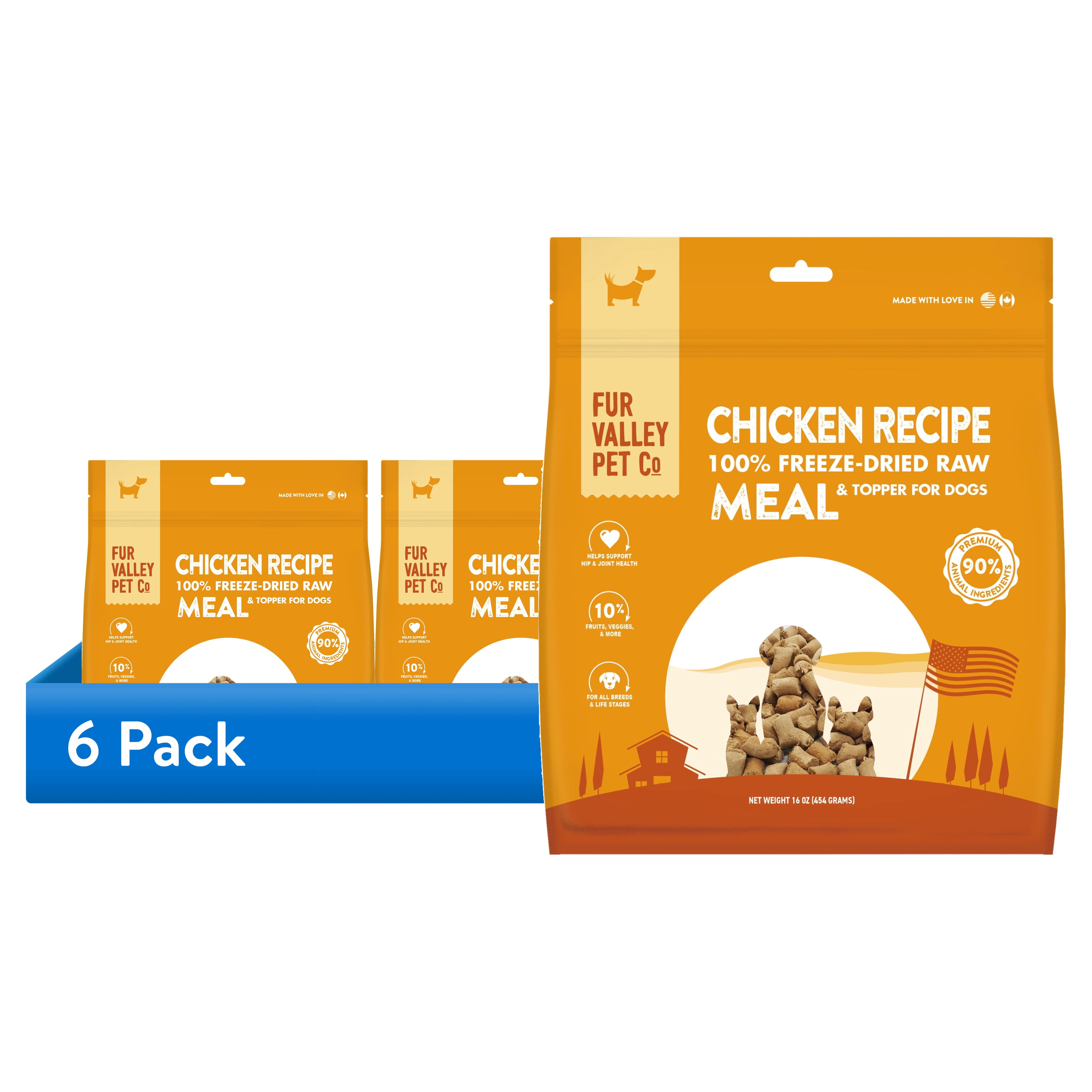 (6 pack) Fur Valley Pet Co. Freeze Dried Chicken Recipe Dog Food and Topper, 16 oz. Bag