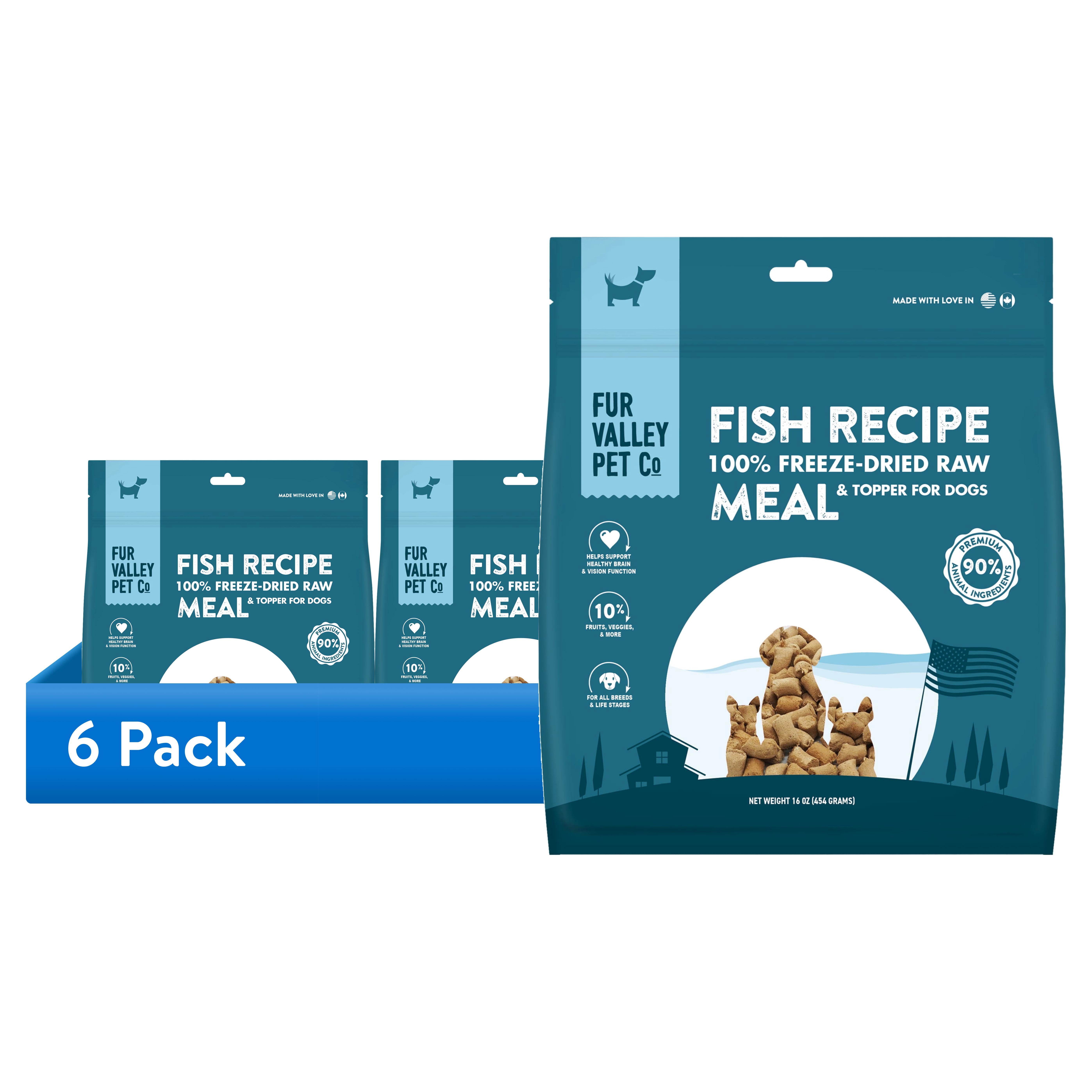 (6 pack) Fur Valley Pet Co. Freeze Dried Fish and Pork Recipe Dog Food and Topper, 16 oz. Bag