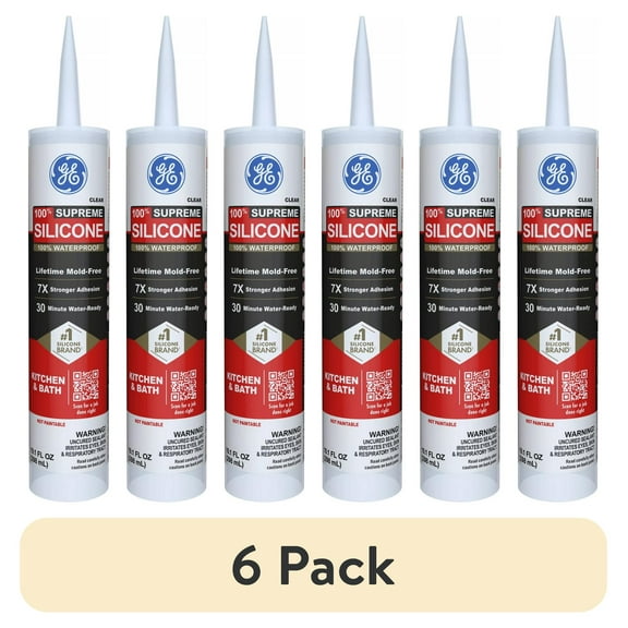 (6 pack) GE Supreme Silicone Kitchen & Bath Sealant, Pack of 1, Clear 10.1 fl oz Cartridge