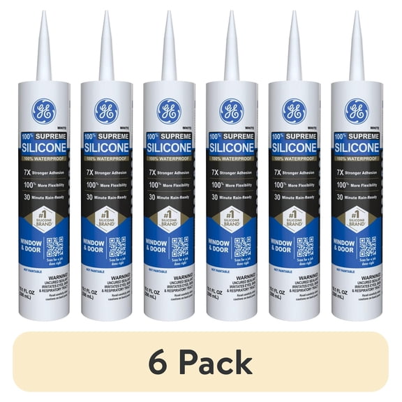 (6 pack) GE Supreme Silicone Window & Door Sealant, Pack of 1, White 10.1 fl oz Cartridge