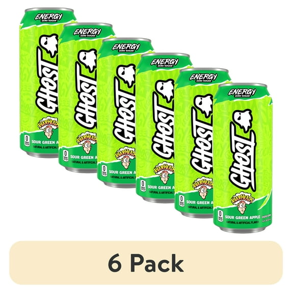 (6 pack) GHOST® ENERGY Zero Sugars Energy Drink, WARHEADS Sour Green Apple, 200mg Natural Caffeine, 16 fl oz Can