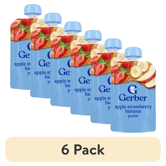 (6 pack) Gerber Stage 2 Baby Food, Apple Strawberry Banana Puree Pouch 3.5 oz