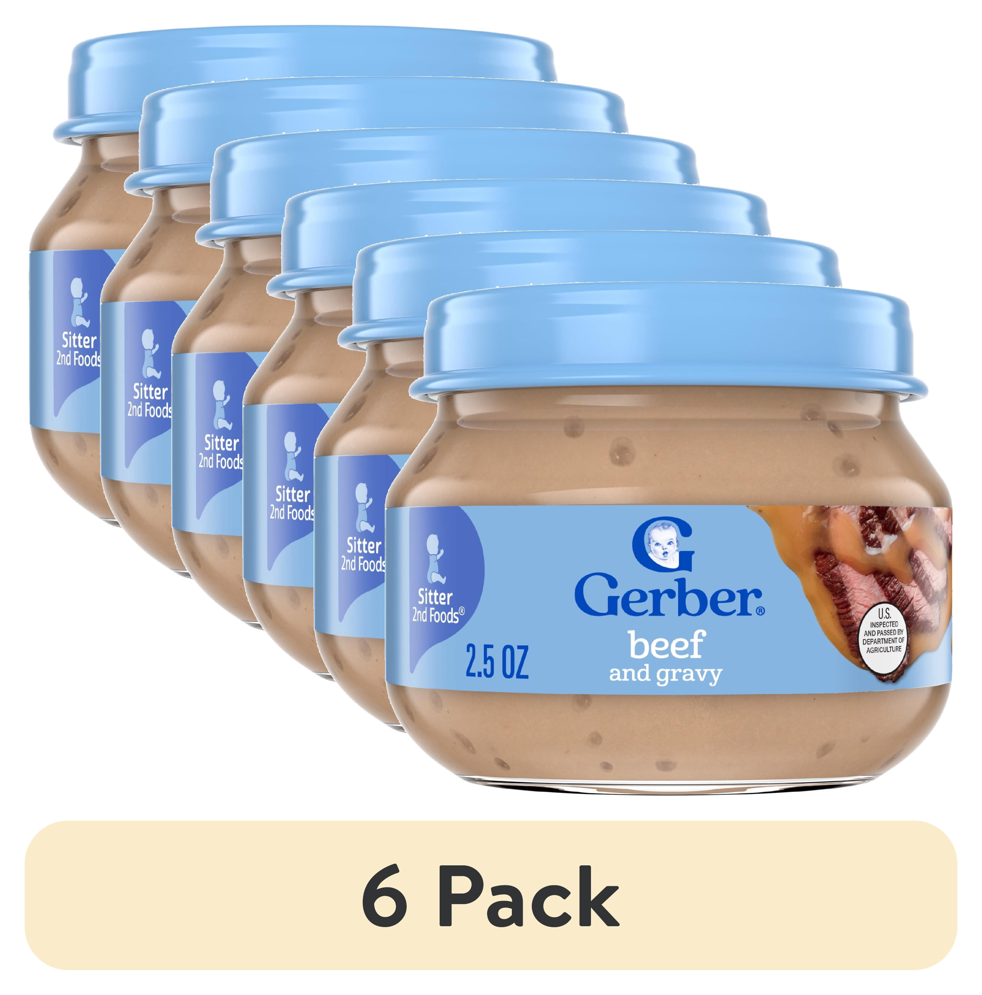 (6 pack) Gerber Stage 2 Baby Food, Baby Mealtime Beef and Gravy Jar, Baby Puree Jars Glass 2.5 oz