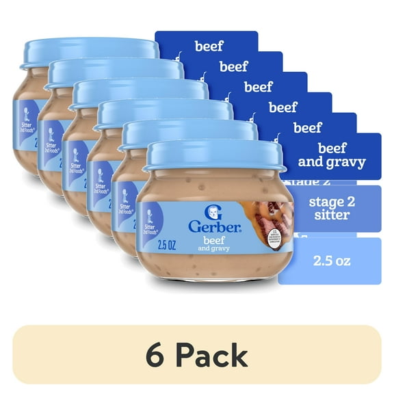 (6 pack) Gerber Stage 2 Baby Food, Baby Mealtime Beef and Gravy Jar, Baby Puree Jars Glass 2.5 oz