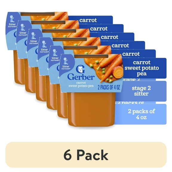 (6 pack) Gerber Stage 2 Baby Food, Carrot Sweet Potato Pea Puree Tubs, Baby Puree, 2PK 8 oz
