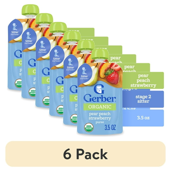 (6 pack) Gerber 2nd Foods, Organic Pear Peach Strawberry, 3.5 oz Pouch