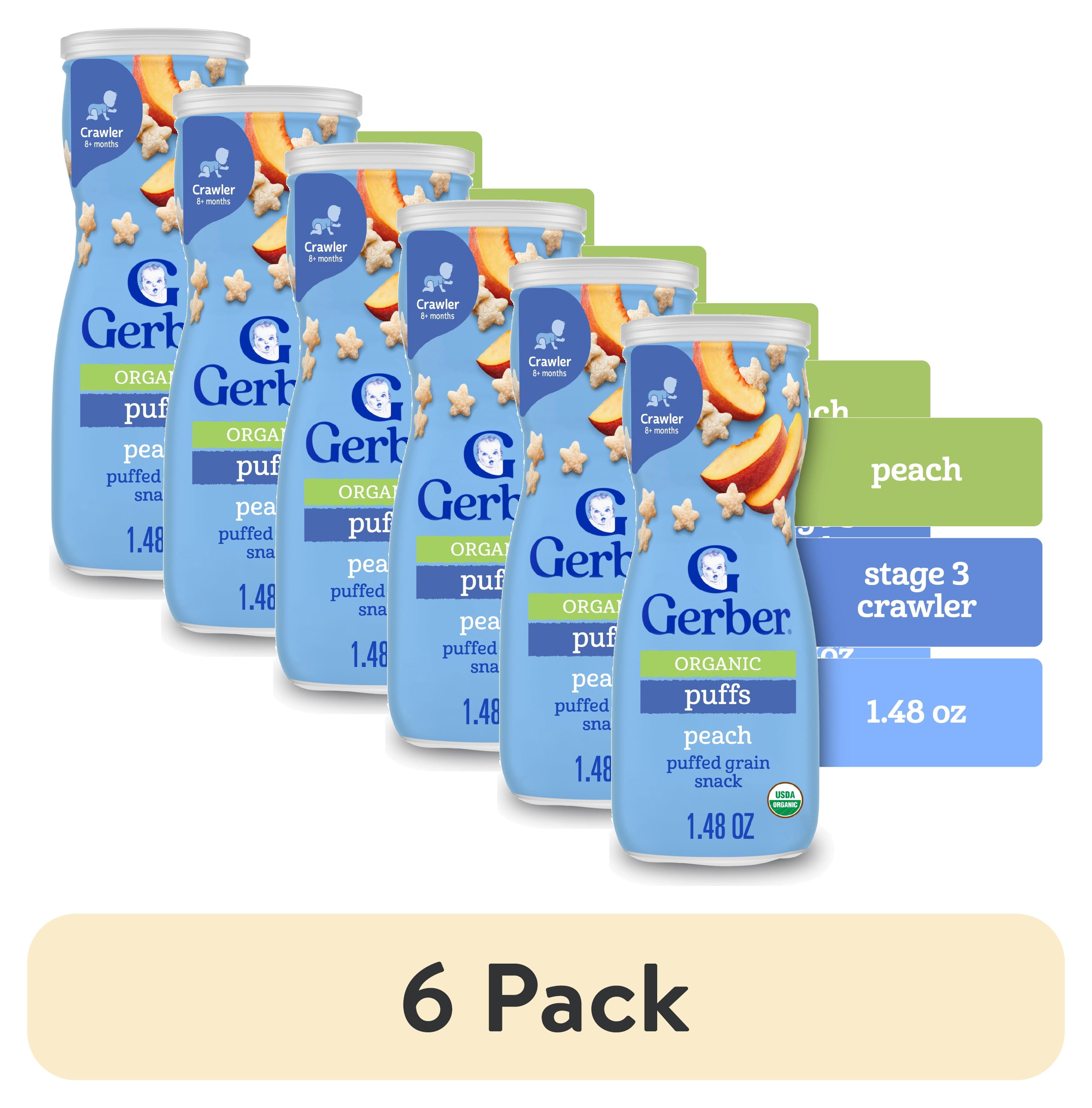 (6 pack) Gerber Organic Stage 3 Baby Snacks Puffs, Grain & Grow Puffs, Peach, 1.48 oz Canister
