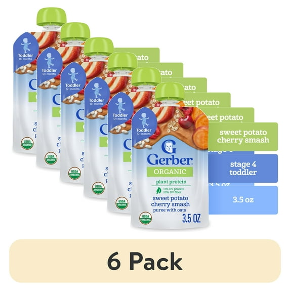 (6 pack) Gerber Organic for Toddler Plant-tastic Toddler Food Sweet Potato Cherry Smoothie, 3.5 oz, Pouch