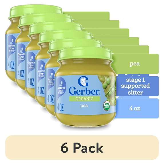 (6 pack) Gerber 1st Foods Organic for Baby Baby Food, Pea, 4 oz Jar
