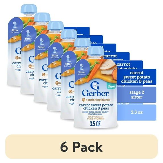 (6 pack) Gerber Stage 2 Baby Food, Carrot Sweet Potato Chicken & Peas, Baby Food Pouches, Puree 3.5 oz