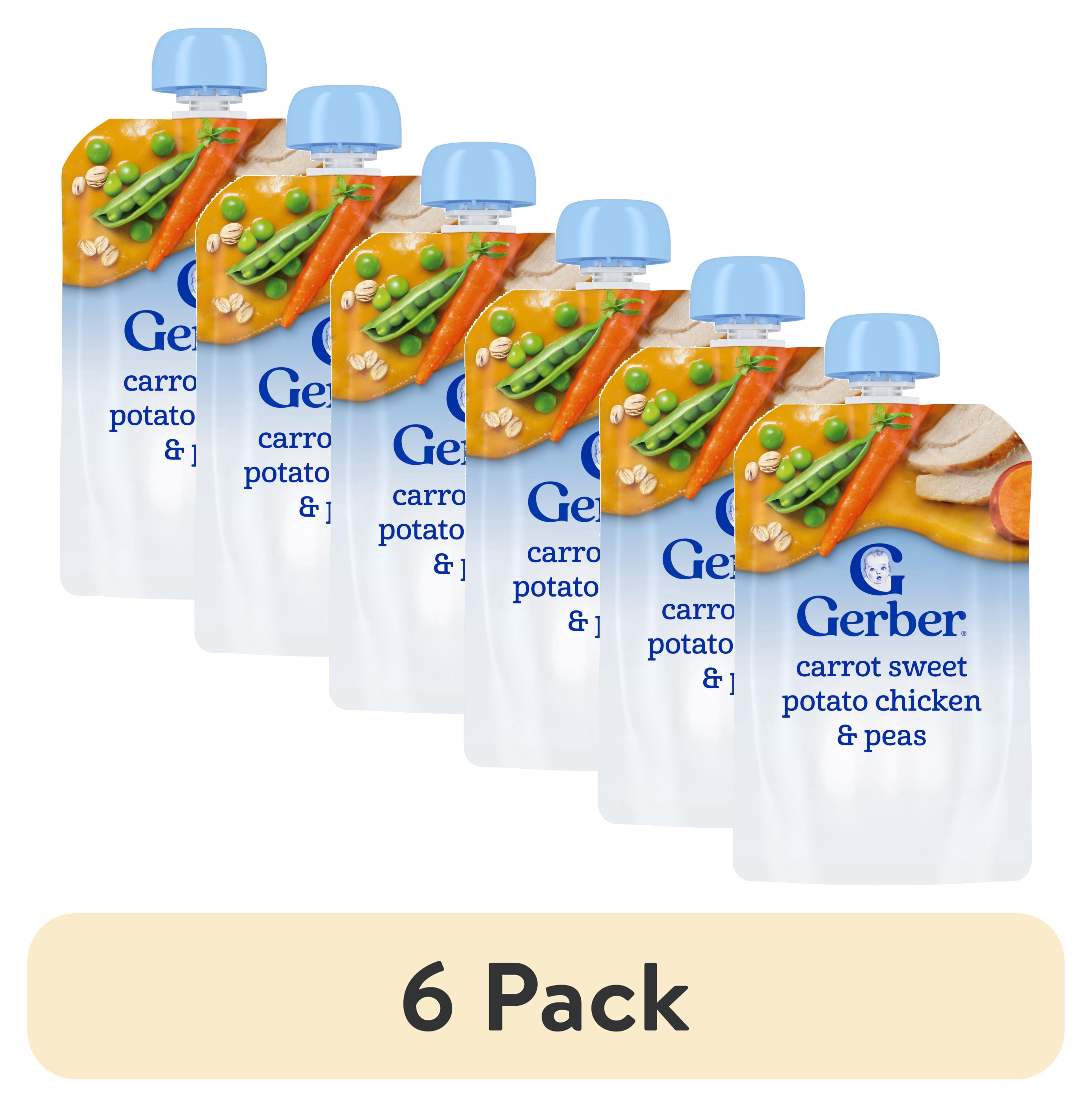 (6 pack) Gerber Stage 2 Baby Food, Carrot Sweet Potato Chicken & Peas, Baby Food Pouches, Puree 3.5 oz