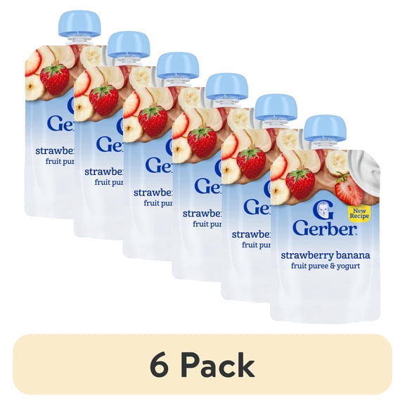 (6 pack) Gerber Toddler Food, Strawberry Banana, Fruit Puree and Yogurt Baby Pouches