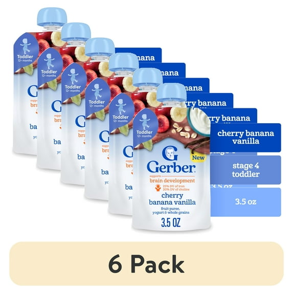 (6 pack) Gerber Toddler Food, Cherry Banana Vanilla Puree Pouch, Fruit Yogurt & Whole Grain 3.5 oz