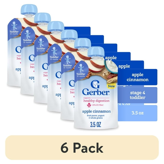 (6 pack) Gerber Toddler Food, Apple Cinnamon, Fruit Puree, Yogurt & Whole Grains Pouches 3.5 oz