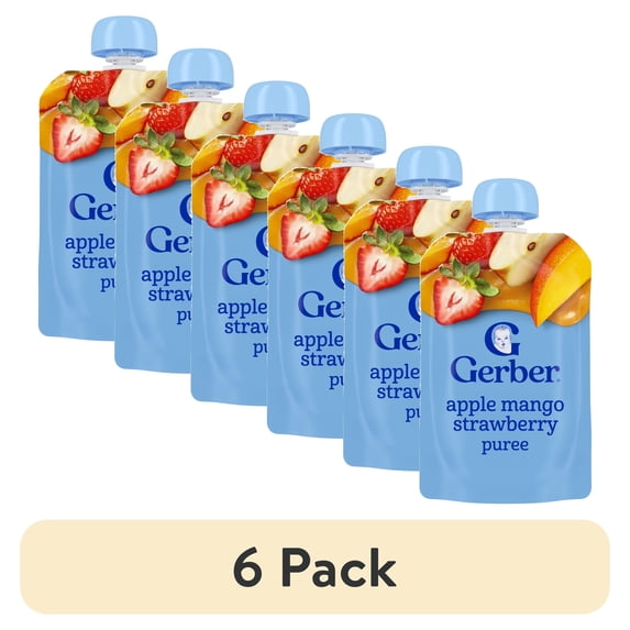 (6 pack) Gerber Stage 2 Baby Food, Apple Mango Strawberry, Puree Baby Pouches