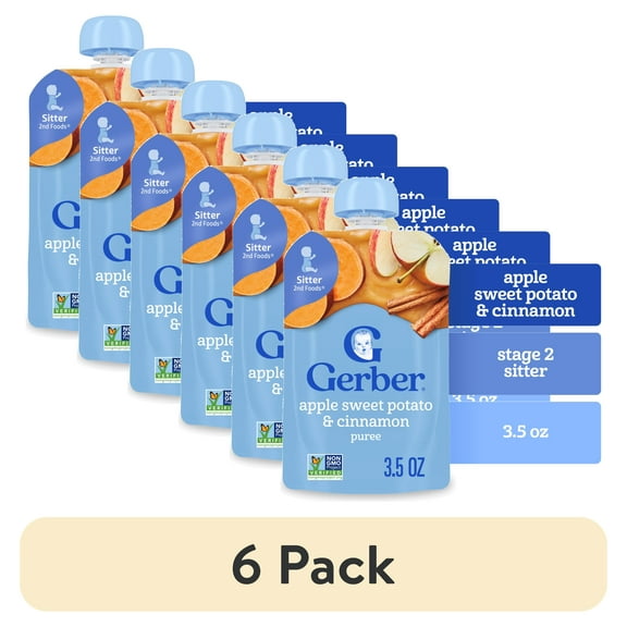 (6 pack) Gerber Stage 2 Baby Food, Apple Sweet Potato Cinnamon Puree Pouch 3.5 oz