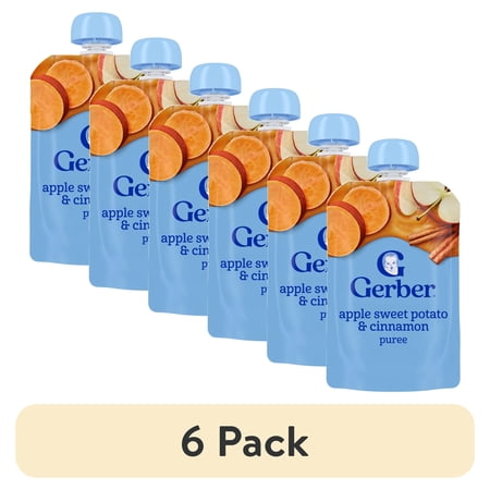 (6 pack) Gerber Stage 2 Baby Food, Apple Sweet Potato Cinnamon Puree Pouch 3.5 oz