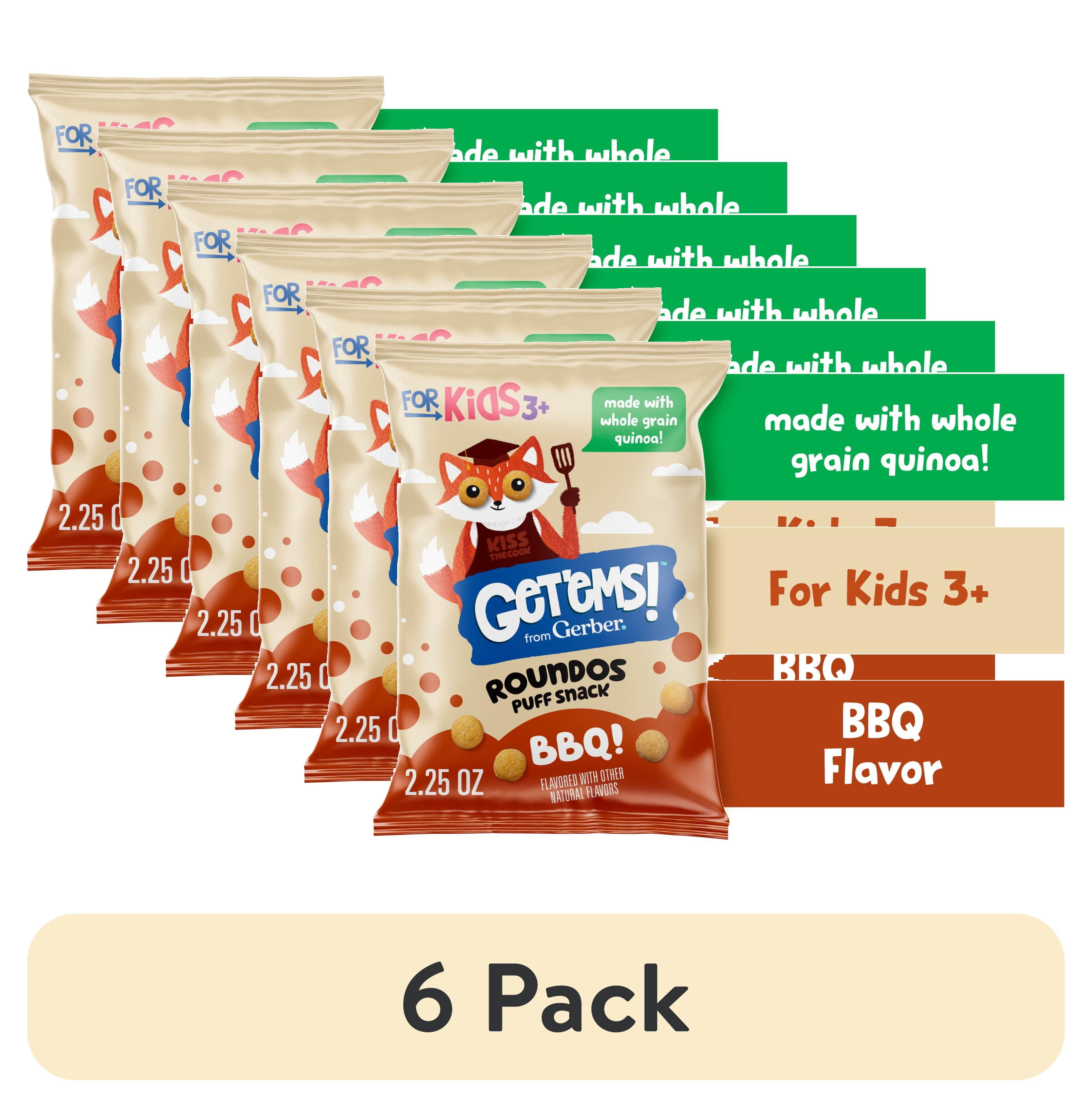 (6 pack) Get'ems from Gerber BBQ Roundos Puff Snack, Kids Snack Made with Whole Grain Quinoa, Calcium to Support Strong Bones 2.25 oz