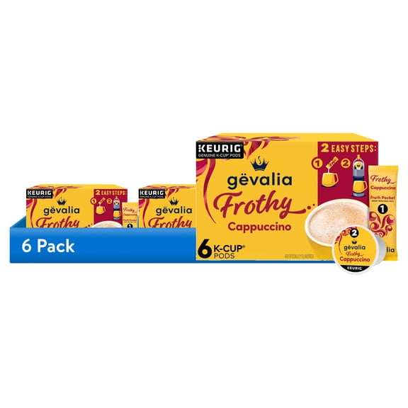 (6 pack) Gevalia Frothy 2-Step Artificially Flavored Cappuccino Espresso Style KCup Coffee Pods & Froth Packets Kit, 6 Count Box