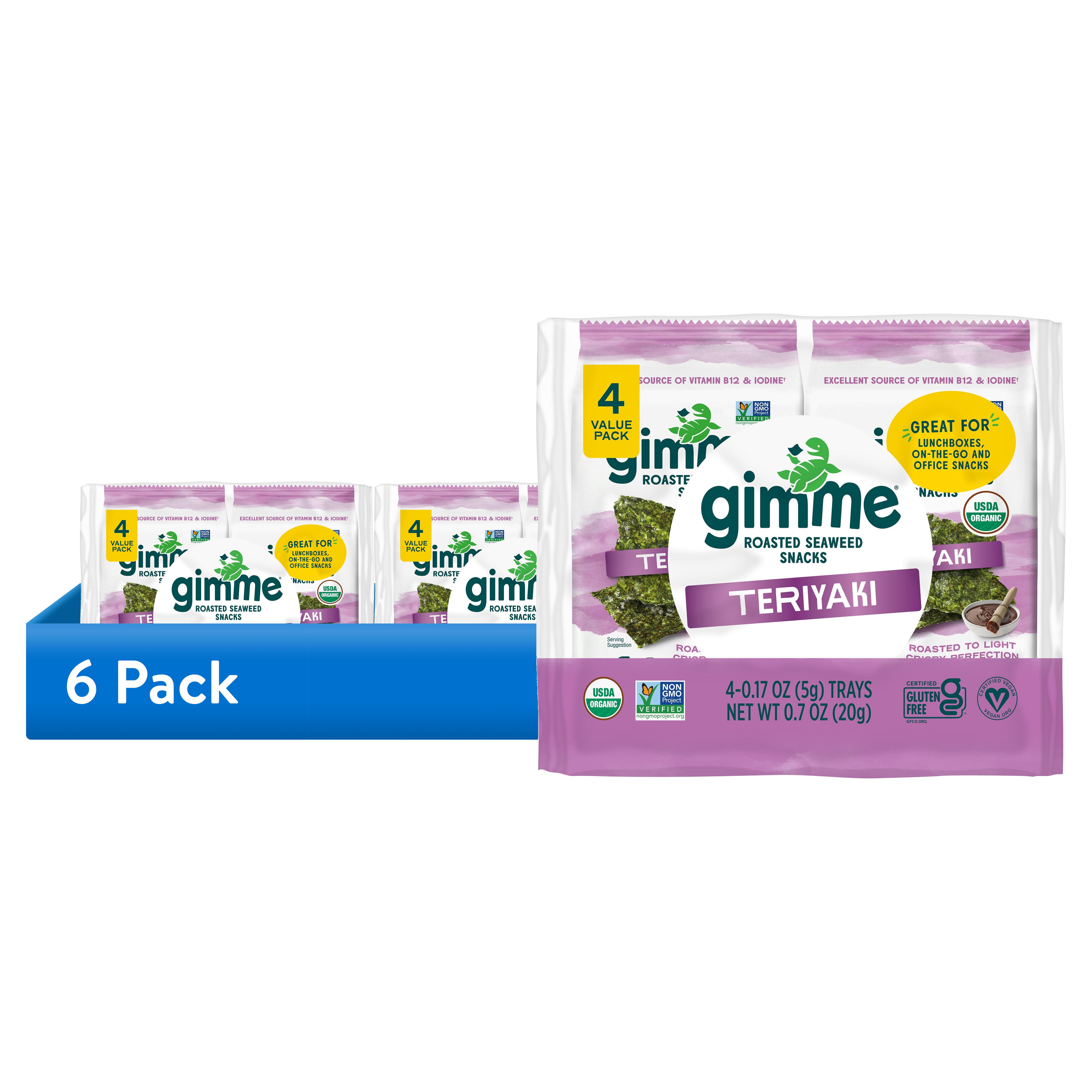 (6 pack) Gimme Organic Roasted Seaweed Snacks, Teriyaki Flavor, 4 Count, Light and Crispy
