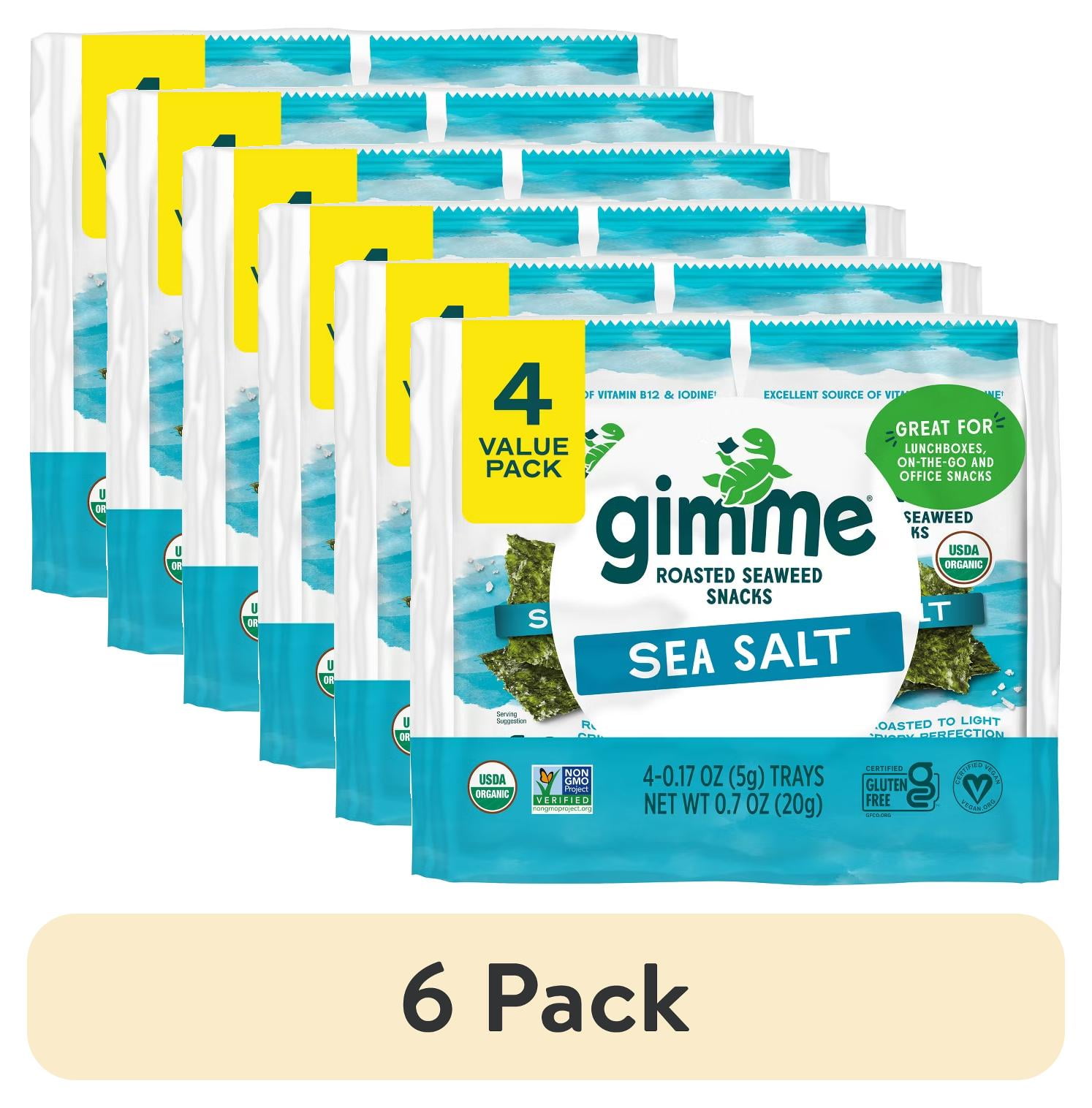 (6 pack) Gimme Organic Roasted Seaweed Snacks with Sea Salt, 4 Pack, 5g, Crispy Texture, Eco-Friendly Packaging